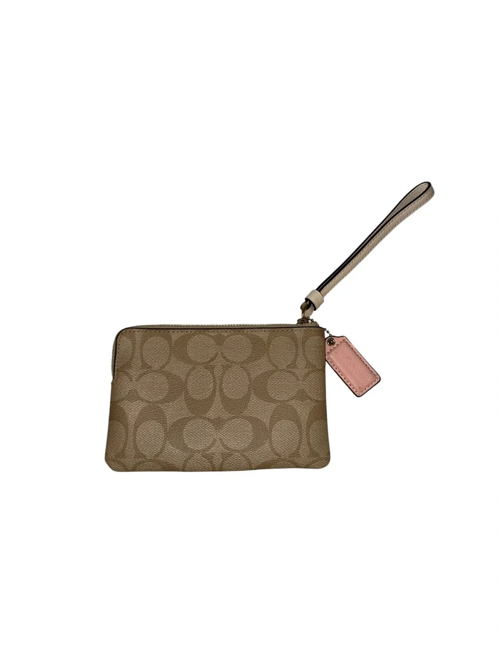 COACH Corner Zip Wristlet in Signature Canvas with Center Stripe - Khaki/Cream